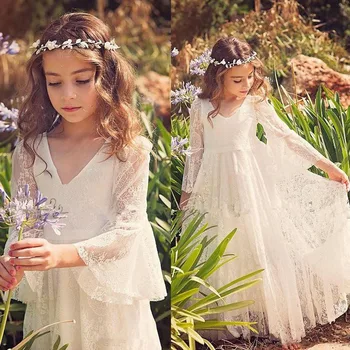 2019 Balta Nėrinių Princesė Komunijos Suknelės Mergaitėms Vien ilgomis Rankovėmis Boho Gėlių Mergaitės Suknelė Vestuvių Paplūdimio Inscenizacija Suknelė