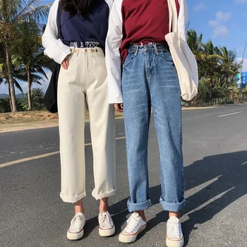 2019 M. Pavasarį Naujas Pločio Kojų Džinsai Moterims Streetwear Prarasti Draugą Tiesiai Laukinių Aukšto Juosmens Elegantiškos Kelnės Plius Dydis