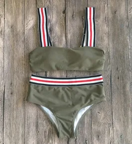 2019 Seksualių Moterų Bikini Komplektas Dryžuotas Tvarstis Swimewear Push-up Kamšalu Trikampis maudymosi kostiumėlį, Maudymosi Moterų Aukšto Wasit Paplūdimio