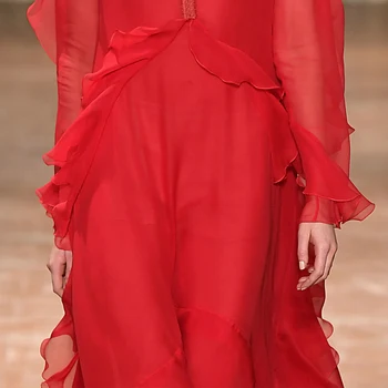 2020 m. Rudenį Raudona Derliaus Moterims, Ilgą Šifono Suknelė su V-kaklo Susiėmę Šalis Suknelės Mados Moterų ilgomis Rankovėmis Asimetrinė Suknelė