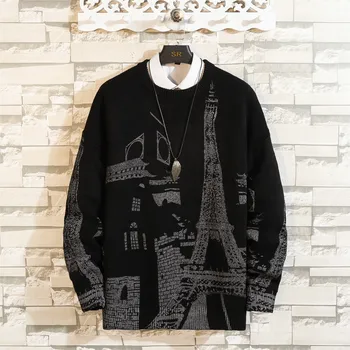 2020 Nauji Megztiniai Vyrų Paryžiaus spausdinti Megztinis ilgomis Rankovėmis Rudenį, Žiemą Megztinius O-Kaklo Eifelio Bokštas