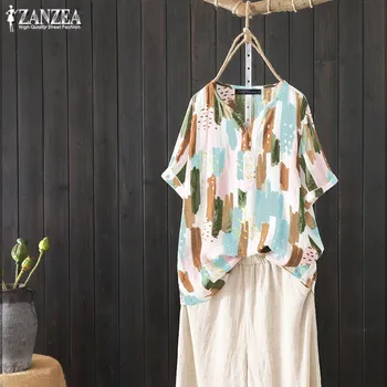 2021 ZANZEA Mados Atspausdinta Tee Marškinėliai Moterų V-Kaklo Vintage Palaidinė trumpomis Rankovėmis Viršūnes Moterų Priežastinis Prarasti Blusas Plius Dydžio Tunika