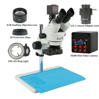 3.5 X 7X 45X Simul Židinio Trinokulinis Stereo Mikroskopas, 13MP 1080P HDMI VGA Kamera 144 LED Žiedo Lempos IPhone Litavimas, Remontas