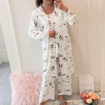 3 Gabalas Pavasario Vasaros Moterų Pižama Rinkiniai Gėlių Spausdinti Pižama Nustatyti Viršaus ir kelnės Moteriška Naktį Kostiumas Nustatyti Moterų Sleepwear