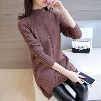 Aukšto kaklo, ilgomis rankovėmis minkštas megztinis moteriška rudenį ir žiemą šiltas, storas, laisvas ilgas megztinis megztas