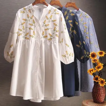 Aukštos juosmens siuvinėjimo gėlių ilgai marškinėliai moterų V-kaklo, pavasarį, rudenį, žibintų rankovės-LINE viršuje palaidinė