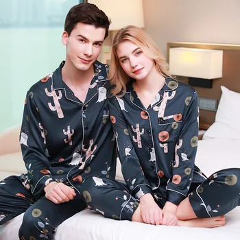 Aukštos Klasės Mėgėjams Šilko Pižama Ilgomis Rankovėmis Pyjama Set Top+Kelnės Vyrams, Moterims Sleepwear Gėlių Naktiniai Drabužiai Namų Drabužiai
