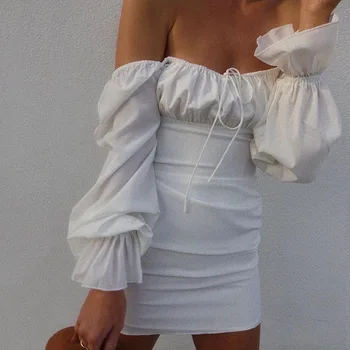 Balta Spalva Ruched Bodycon Mini Suknelė Velniop Kaklas Ilgas Rankovėmis Varpo Streetwear Plisuotos Vestidos Klubo Wrap Šalies Klubas Dėvėti Drabužiai