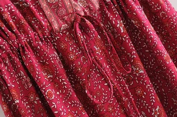 Bohemija, Raudona Paisley Gėlių Spausdinti Moterų BOHO Suknelė Atostogų Mygtuką V kaklo Jungiamąją Iki Juosmens Trumpas Rankovės Kelio Ilgis Paplūdimio Suknelės