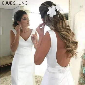 E JUE SHUNG White Satin Paprasta Undinė Vestuvių Suknelės 2020 Backless Paplūdimio Nuotakos Suknelės vestido de noiva chalatas de mariee