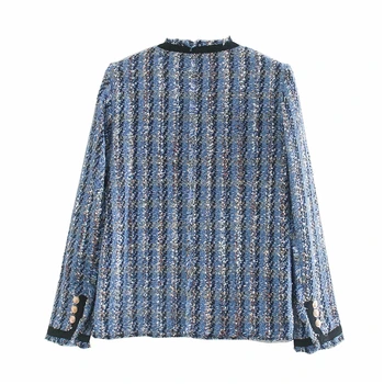 Elegantiškas moteris tvido viršutiniai drabužiai 2020 mados ponios v-kaklo, kišenėje jecket saldus moterų prašmatnus plonas mergaitės mėlynos spalvos pledas viršutinių drabužių siuvimas