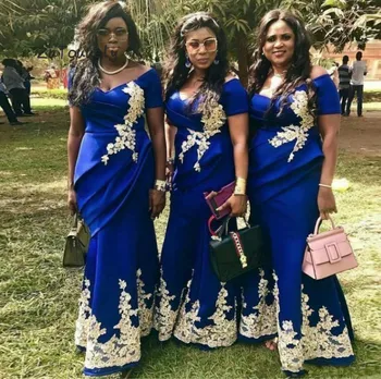 Elegantiškas Nigerija Undinė Vakare Chalatai Su Trumpomis Rankovėmis, V-Kaklo Plius Dydis Afrikos Prom Dresses Appliques Royal Blue Oficialų Suknelė
