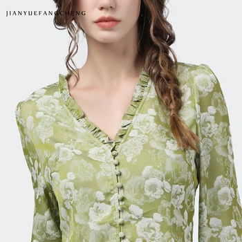 Elegantiškas Šviesiai Žalia Moterims Gėlių Vintage Marškinėliai Ilgomis Rankovėmis Susiėmę V-Kaklo Viršūnes Prarasti Plius Dydis Outwear 2020 M. Rudenį Ponios Naujas