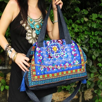 Etninės Siuvinėjimo krepšiai mėlyna džinsinio audinio Pečių Maišą Kinų Stiliaus moteris krepšiai Merginos Krepšys