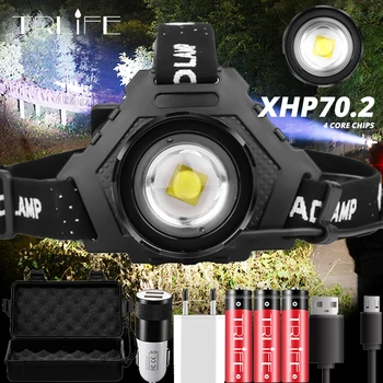 Galingiausias XHP70.2 LED Žibintai Vandeniui Komforto Galvos Žibintuvėlis, Mobiliojo telefono, Avarinis Energijos Kempingas USB įkrovimo 18650