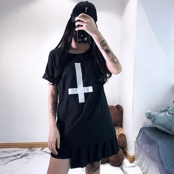 Harajuku Marškinėliai Cross Spausdinti Moterų Marškinėlius Medvilnės Atsitiktinis Hipster Marškinėliai Gothic Girl Juoda Prarasti Viršuje Tees Streetwear Tumblr
