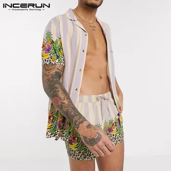 INCERUN Vyrų Havajų Rinkiniai Spausdinimo Paplūdimio 2021 M. Vasarą trumpomis Rankovėmis Atvartas Marškinėliai Valdybos Šortai 2 vnt Streetwear Atostogų Vyrų Rinkiniai