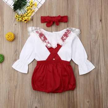 Kalėdų Baby Girl Drabužiai Nėrinių Pynimas Skristi Sleeve Top Marškinėliai Raudonos Kelnės, kombinezonai su Antkrūtiniais Lankelis Komplektus Kūdikių Drabužiai Nustatytas 0-24M