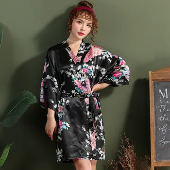 Kinijos Raudona Moterų Chalatas Seksualus Prarasti Vestuvių Apdarą Atsitiktinis Lounge Sleepwear Kimono Suknelė Spausdinti Povas V-kaklo, Mini Namų Drabužių