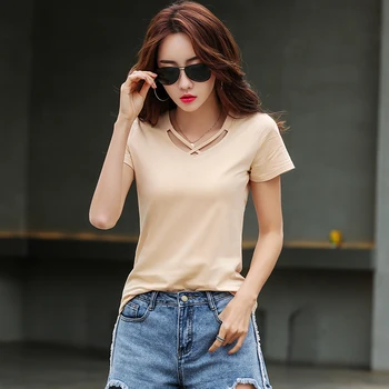 Korėjos drabužių harajuku marškinėliai plius dydis moterų marškinėliai 2019 moteriški drabužiai Skylę Trumpą Kieto V-Kaklo moterų marškinėlius 2576 50