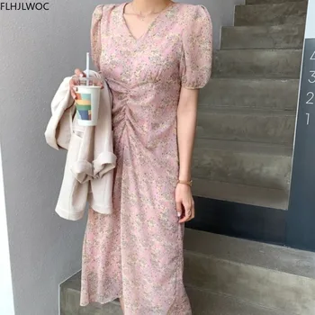 Korėjos Prašmatnus Suknelė Elegantiškas Office Lady Temperamentas Naujas 2020 Gėlių Spausdinti V Kaklo Linijos, Retro Vintage Suknelė Rožinės Spalvos Vestidos