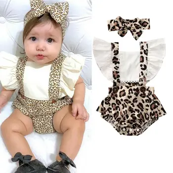 Kūdikių Vasaros Drabužių Naujagimiui Baby Girl Drabužiai Leopard Jumpsuit Lankelis 2vnt Komplektai