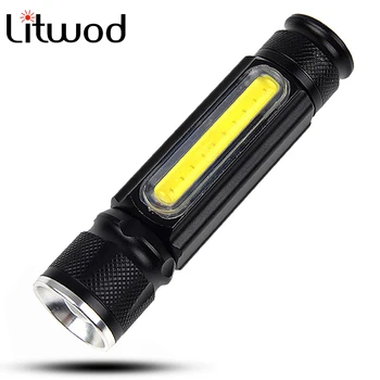 Litwod įmontuota baterija USB įkraunamas LED Žibintuvėlis Fakelas 4000LM XML T6 COB Zoomable 3 Rūšių Aliuminio Lanterna Kempingas