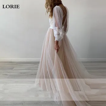 LORIE Šampano Princesė Vestuvių Suknelė Sluoksniuotos Rankovėmis Nėrinių Appliques Nuotakos Suknelė-Line Backless Boho Vestuvių Suknelė