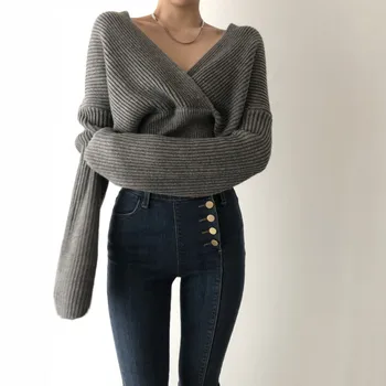 Mados moterų megztinis 2020 m. rudens ir žiemos naujas prarasti V-kaklo retro temperamentas švelnus smart rūkyti megztinis