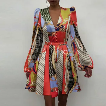Mados Satino Kietas Ilgomis Rankovėmis Suknelė 2021 M. Pavasarį Elegantiškas Moteris Mygtuką-Line Mini Suknelė Atsitiktinis Palaidų V-Kaklo Šalis Suknelė Vestido