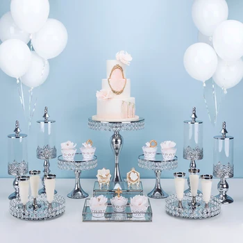 Mados Taurės tortas 5vnt-14pcs tortas stovi vestuvių stalo crystal aukso sidabro spalvos Danga veidrodis, prabangūs krištolo