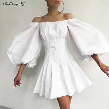 Melways 18 Seksualus Off Peties Plisuotos Suknelė Moterims Elegantiškų Žibintų Rankovės Šalis Suknelė Vakare Baltos Medvilnės Suknelės Naujas Prašmatnus 2020 M.