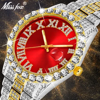 MISSFOX Prabanga Vyrai Žiūrėti Visą Bling 18K Aukso Asfaltuotas Big Diamond Lediniame Iš Vyrų Laikrodžiai Vandeniui Kalendorius Plieno Vyrų Laikrodis Valandas