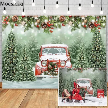 Mocsicka Kalėdų Raudona Sunkvežimių Fotografijos Foną, Žiemos Sniego Photocall Fono Foto Studija Pušis Kalėdų Vainikas Dekoras