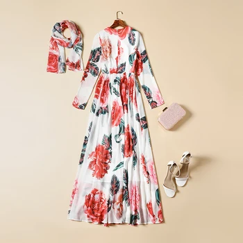 Moteris Ilga Suknelė 2021 Aukštos Kokybės kilimo ir tūpimo Tako O-kaklo, ilgomis Rankovėmis Gėlių Spausdinti Varčias Atsitiktinis Maxi Suknelės Vestidos NP1337N