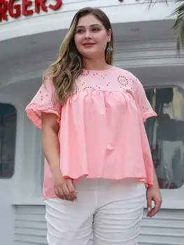 Moterų 2021 m. vasarą plius dydis viršūnes moterų didelės trumpas rankovės atsitiktinis palaidų tuščiaviduriai dėmesį, O kaklo T-shirt rožinė 3XL 4XL 5XL 6XL 7XL