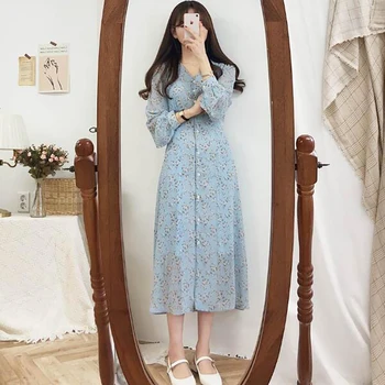 Mygtukas Gėlių Šifono Suknelė ilgomis Rankovėmis Mėlyna Vestido Midi Baltos Linijos, Elegantiškas korėjos Harajuku Vestidos Primavera Verano 2020 m.