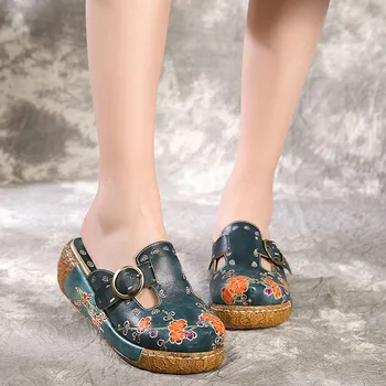 Nacionalinės stilius Saldus Gėlių Komfortą Blynai Storio-apačioje Šviesos neslidus Baotou Odos Rankinė Pusė šlepetės Mori sandalai