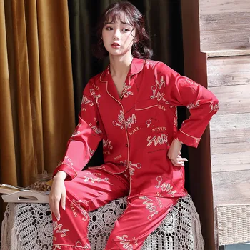 Nauja Rudens Ilgomis Rankovėmis Satino Šifono Pižama Moterų Korėjos Šilko Imitacijos Gyvūnų Spausdinti Nustatyti 11 Spalvų Prabangūs Pijama