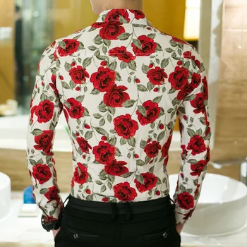 Naujas 3D Atspausdintas Gėlių Marškiniai Vyrai ilgomis Rankovėmis Atsitiktinis Mados Viršūnes Rožių Gėlių Pasukite Žemyn Apykaklės Slim Fit Marškinėliai, Seksualus Drabužiai, 3XL
