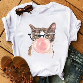 Naujas Mielas Moterų Marškinėliai Funny Cat Spausdinti Moterų marškinėliai Atsitiktinis Trumpas Rankovės O Kaklo Viršūnes Tee Camisetas Mujer Moterų Aprengti