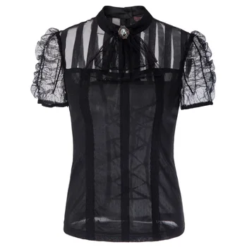 Naujas Moterų Vintage Retro Gotikos ir Renesanso Steampunk marškinėliai, ponios elegantiškas vientisos spalvos plonas stovas kaklo trumpomis Rankovėmis Viršūnes + Jabot