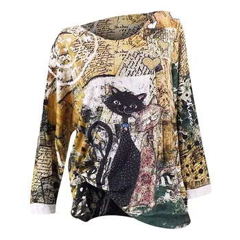 Naujų moteris tshirts Mados O-kaklo lovely Cat Spausdinti Megztinis ilgomis Rankovėmis Laisvi marškinėliai drabužių aukštos kokybės grafikos marškinėlius