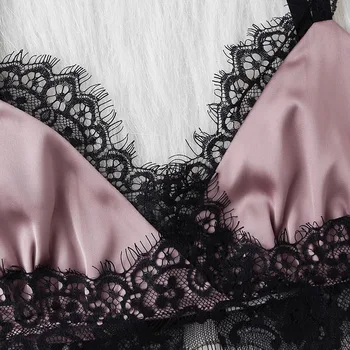 Nightdress Sleepwear Moterims, 2VNT/Komplektas Naujas Atvykimo Moterų Sexy Nėrinių Slydimo Pižamą Šilko Satino Babydoll Apatiniai Miego Mielas liemenėlė