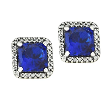 Originali 925 Sterling Silver Blue Square Putojantis Halo Stud Auskarai Moterims Mergina Vestuvių Auskarai Fine Jewelry Brincos