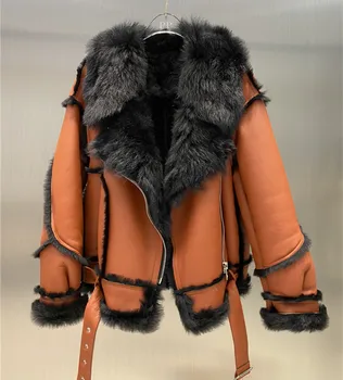 Originali avikailio odiniai paltai žiemos drabužių moterims storas šiltas natūralus nekilnojamojo avių kailio striukė stiliaus motociklas