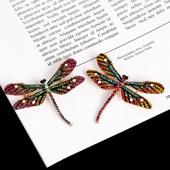 Pinkdudu Mados Spalvotų Kristalų Gyvūnų Derliaus Sagės Prabanga kalnų krištolas Dragonfly Sagės Elegantiškas Moterų Papuošalai OG088