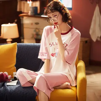 Pižama Rinkiniai Moterims, Negabaritinių 4XL Prarasti Spausdinti Blauzdos ilgis Sleepwear Mados Gražių Moterų Elegantiškas Laisvalaikio Patogus Minkštas