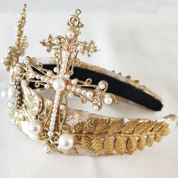 Prabanga Baroko Derliaus Moterys Didelis Aukso Spalvos Kristalų Visą Raundą Prom Pearl Kryžiaus Karūna Vestuvių Inscenizacija Karalienė Tiara Nuotakos Plaukų