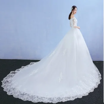 Prabanga siuvinėjimo nuotakos suknelė off peties santuokos jubiliejų, vestuvių suknelė nėrinių vestuvių suknelės su traukiniu